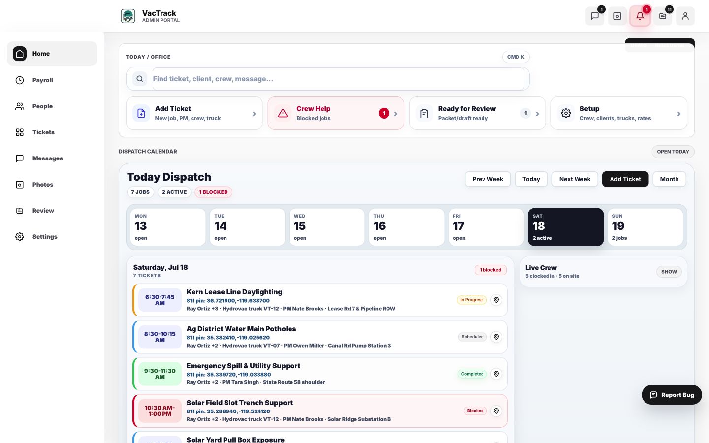 VacTrack dispatch dashboard with scheduled field jobs and crew status