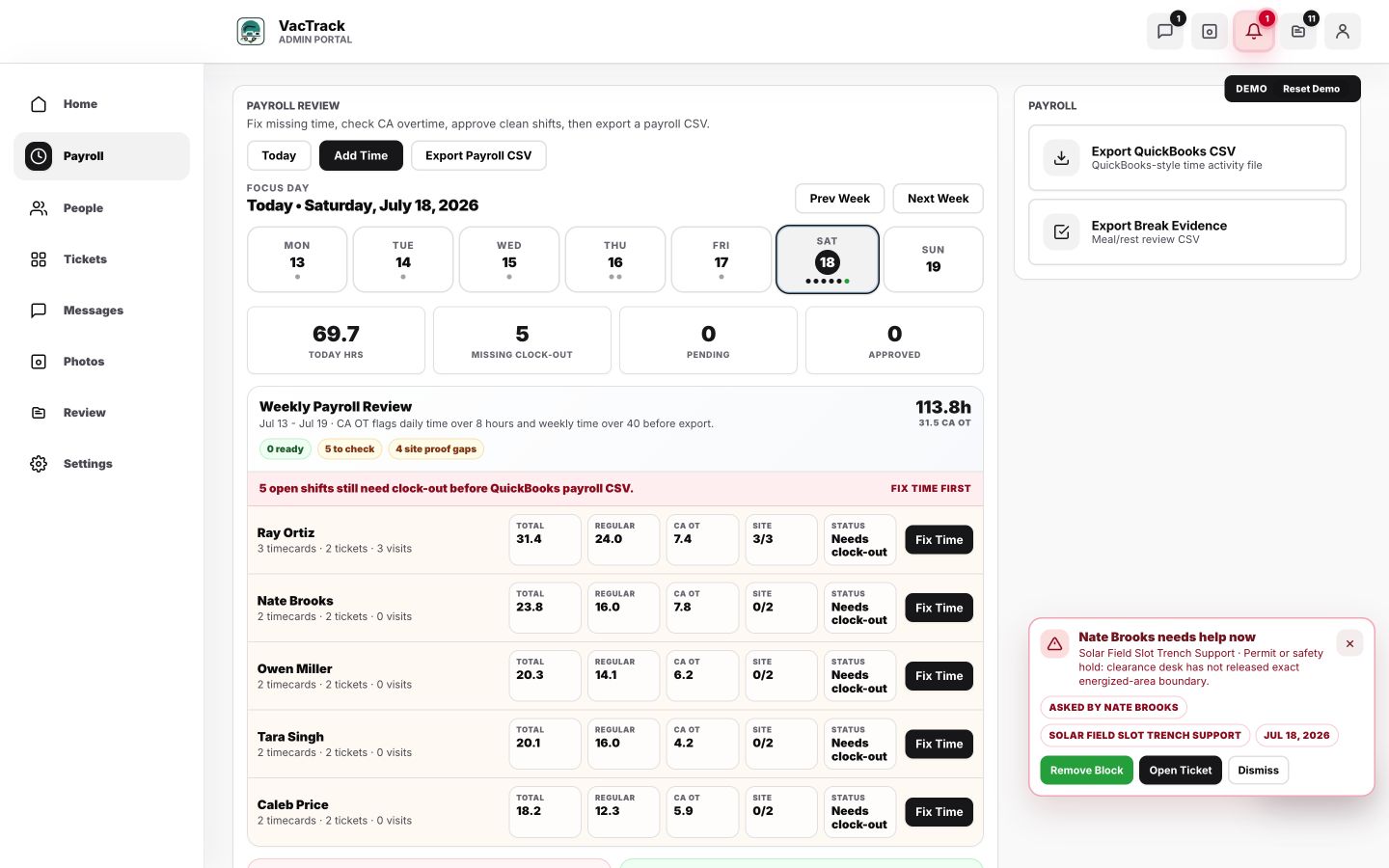 VacTrack payroll review with time exceptions and export controls
