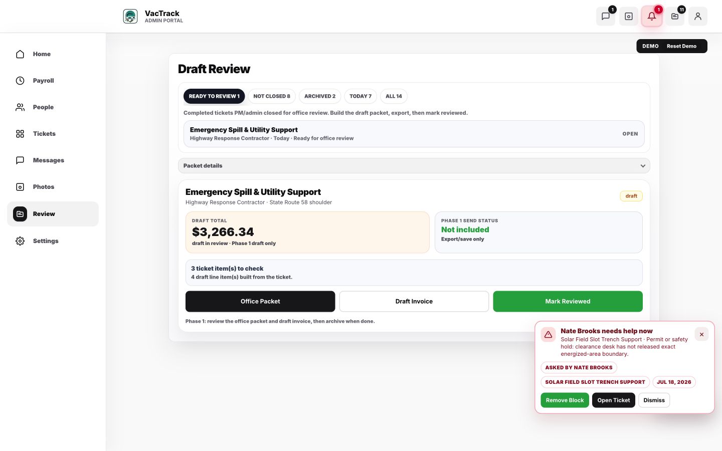 VacTrack office draft review with packet and invoice preparation